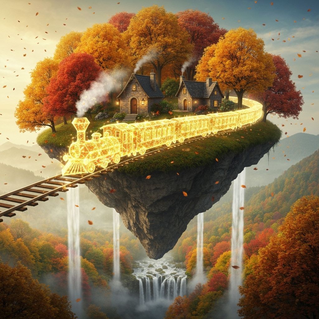 A magical autumn scene of a glowing crystal train traveling across floating tracks above a golden forest. The island village is surrounded b...