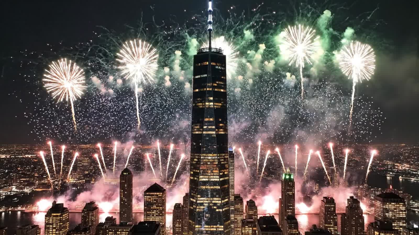 The Freedom Tower of New York as the foreground, an aerial firework show starts, small drones spell out New York and Fre...