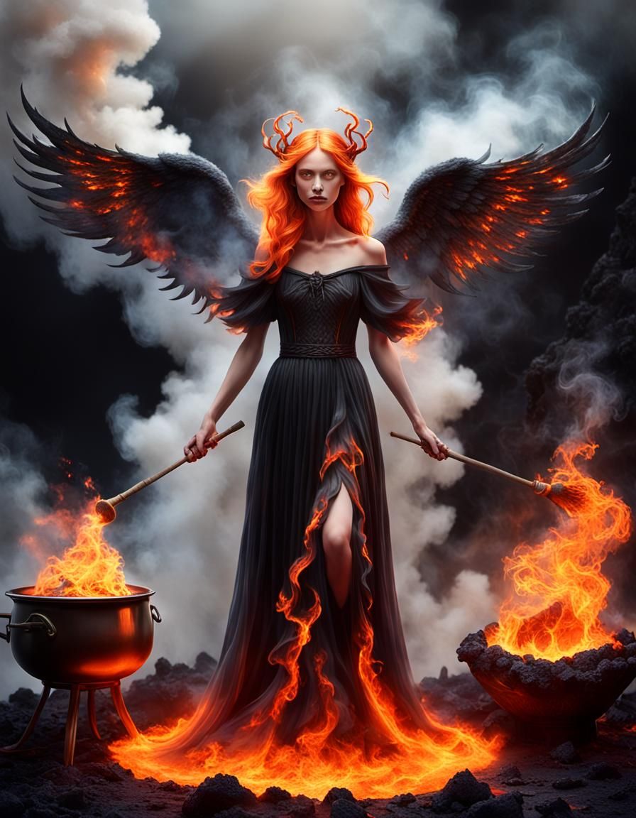 A realistic image of a witch stirring a cauldron of lava wit...