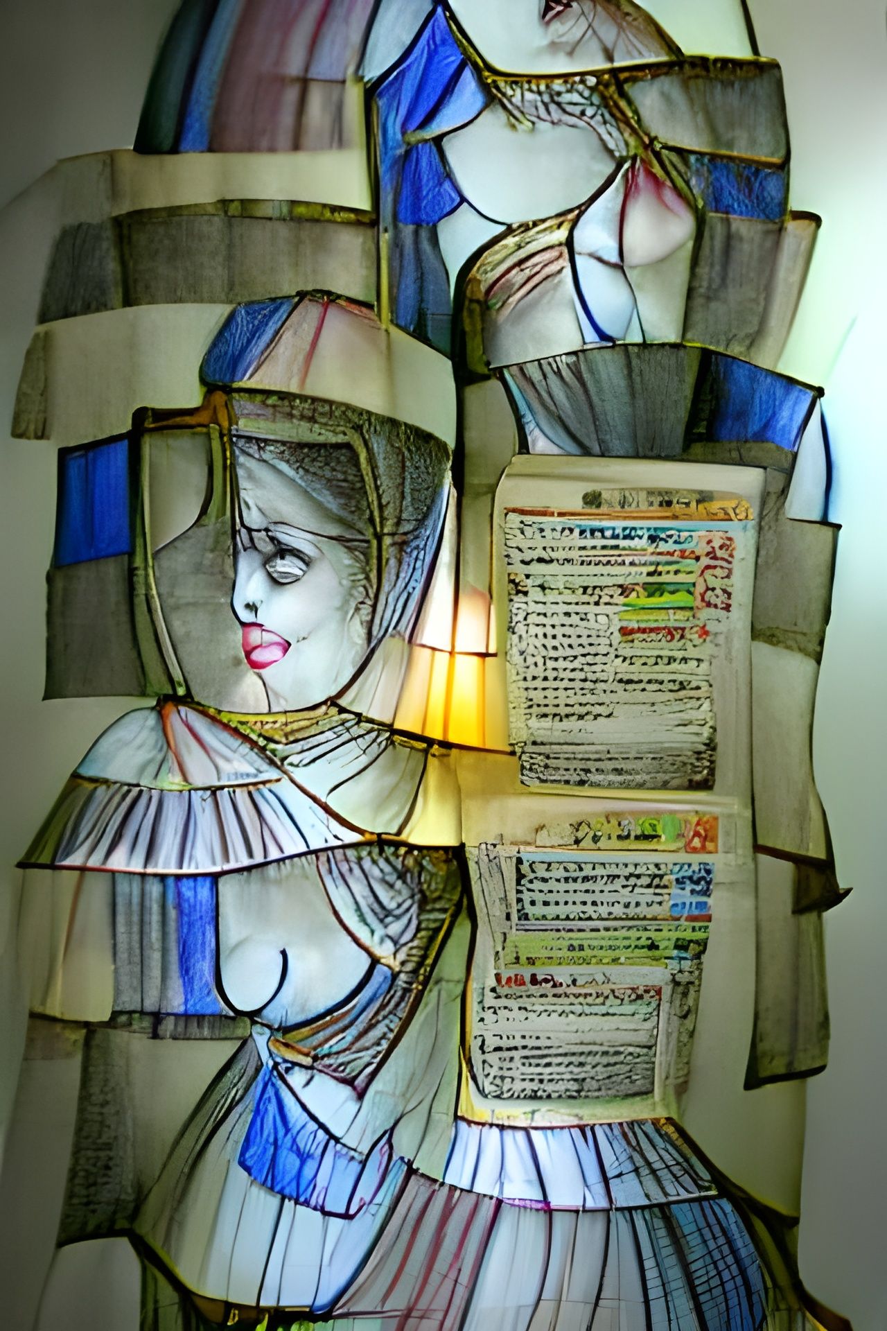 Illuminated Bible pages depicting a lady in a dress holding sheets of