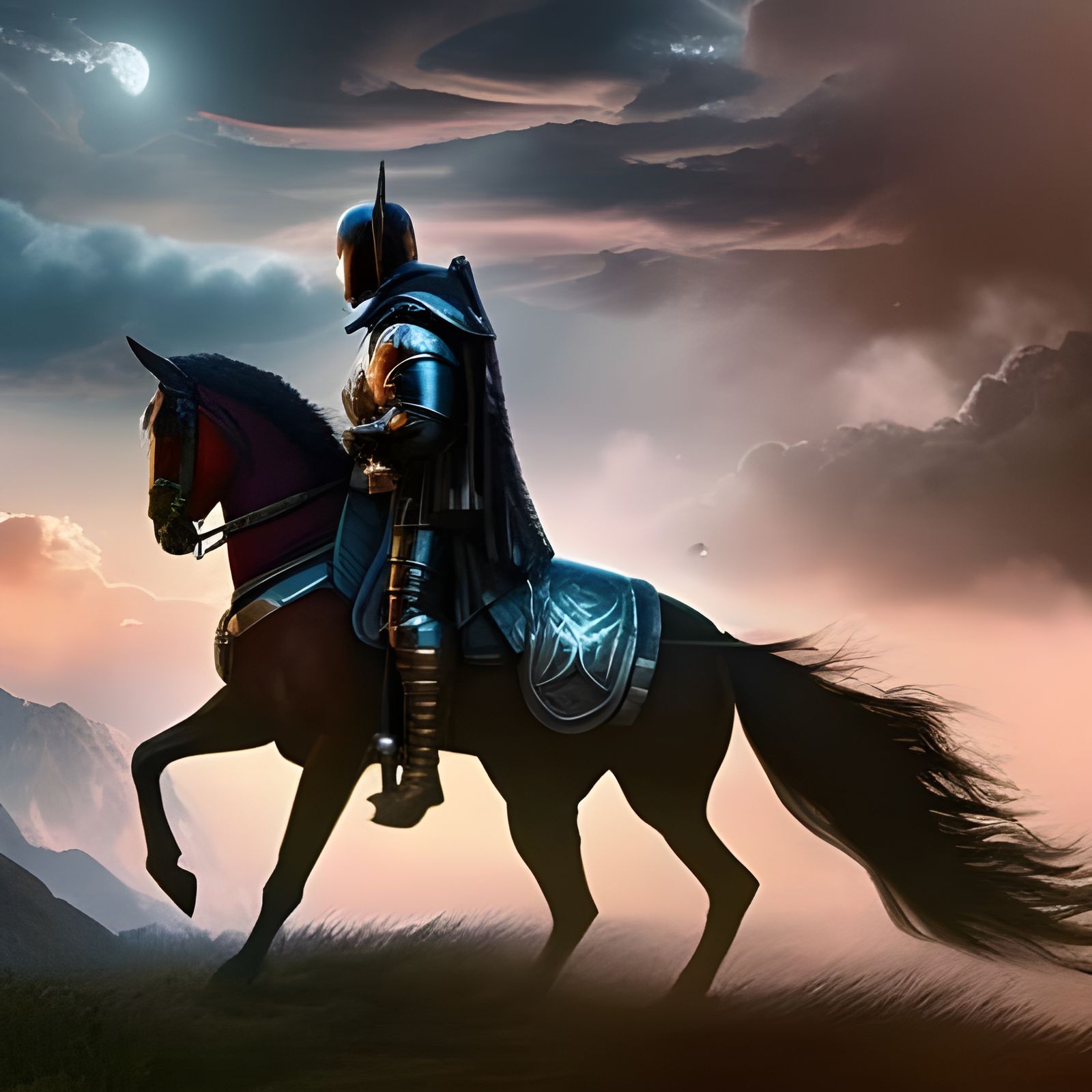 a knight in full, black armor riding a black stallion. Both are looking ...