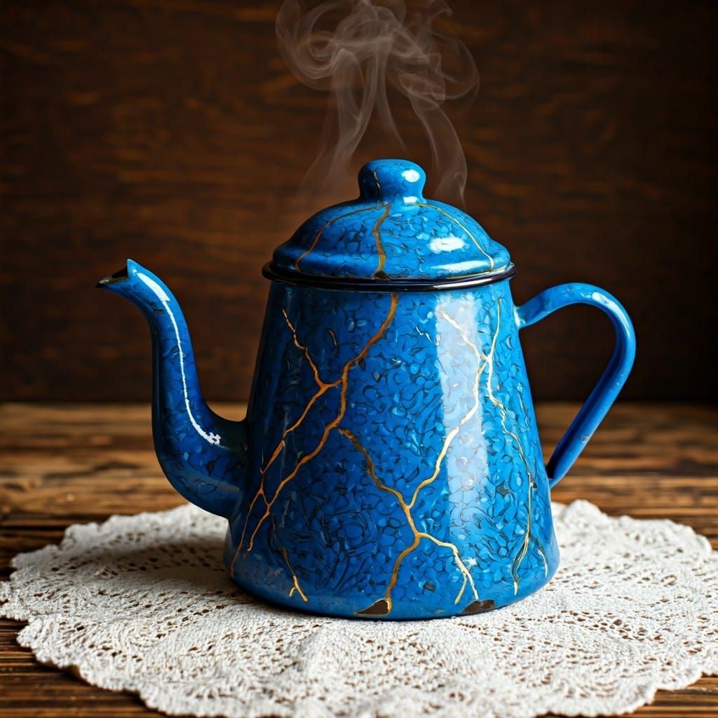 Elegant Ottoman-Style Teapot with Kintsugi Repair in Warm, G...