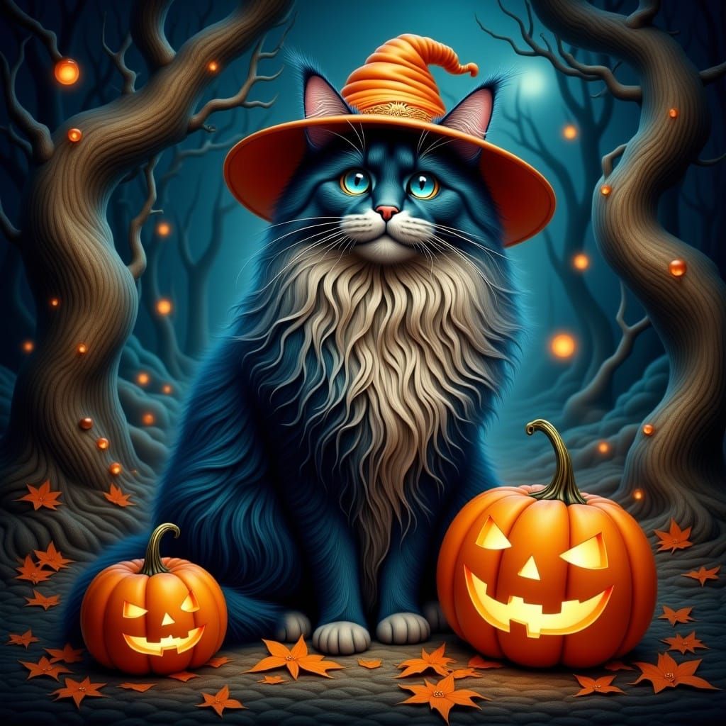 <lora:Langhaarige Katzen:1.0>Halloween Atmosphere with soft Horror Elements, long ruffled hair cat with blue eyes wearing a pumpkin hat
