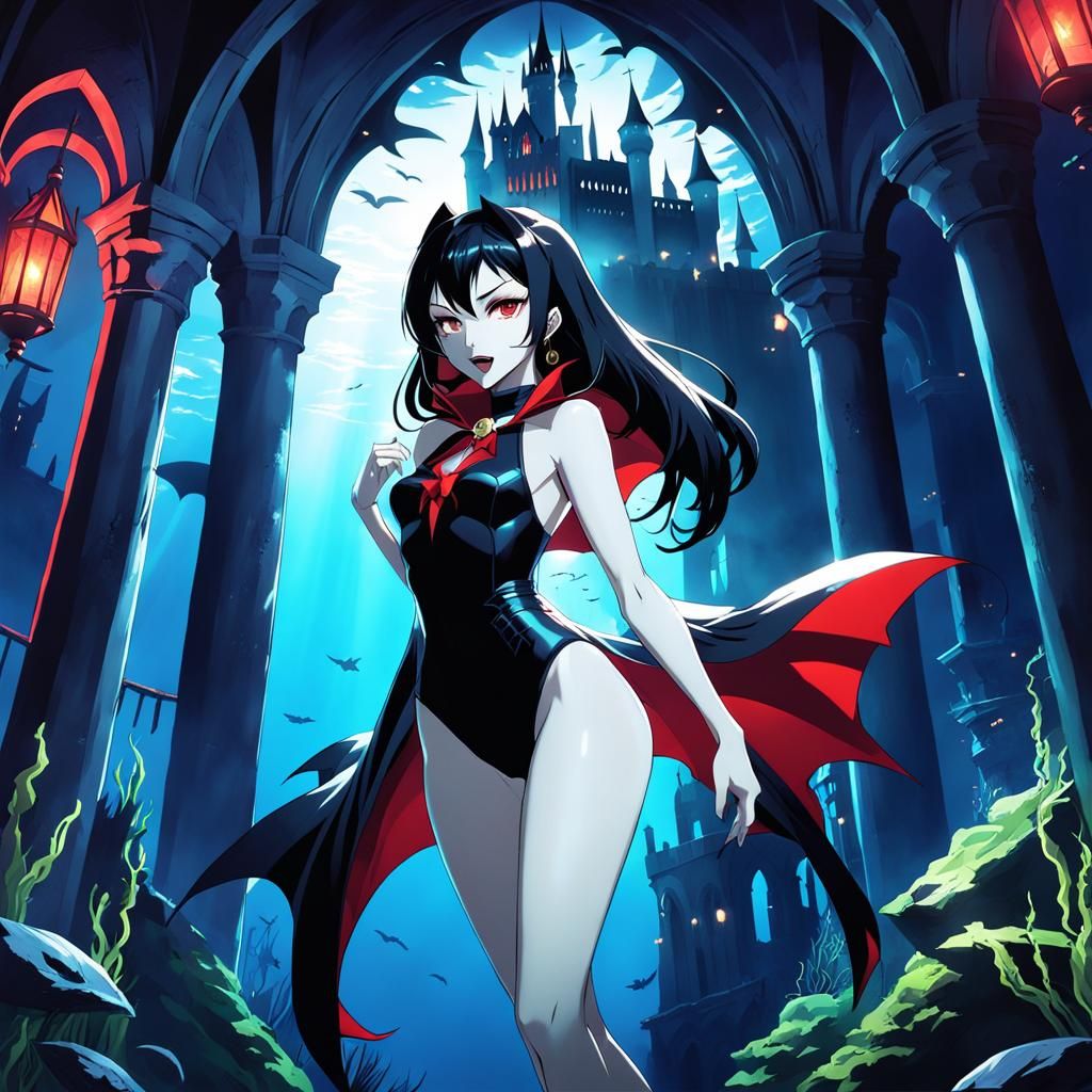 masterpiece, underwater castle, dracula girl, one-piece_swim...