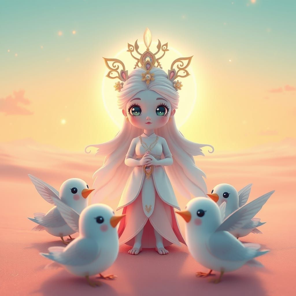 a celestial goddess with big, sparkling eyes and rosy cheeks stands in a pastel-colored desert, surrounded ...  by @Fennix