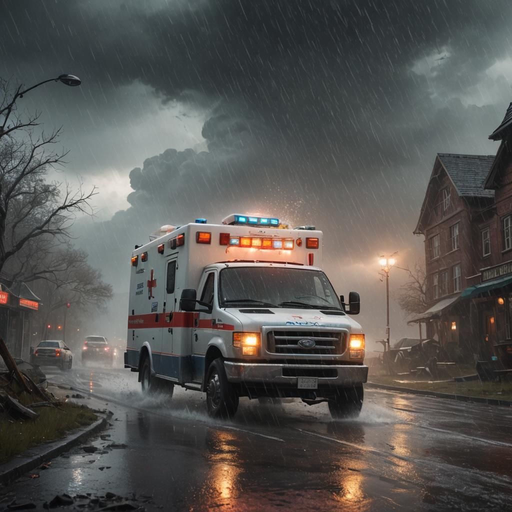 Ambulance driving into hailstorm