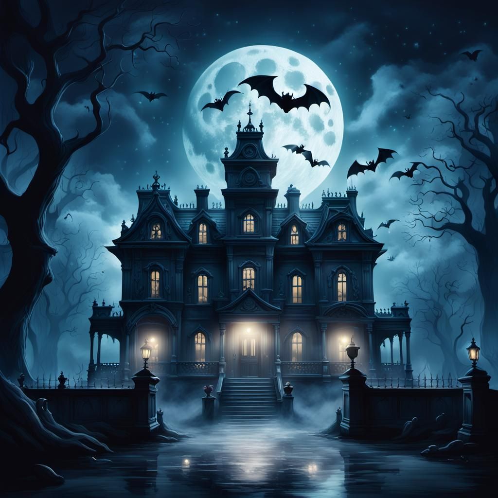 Ghosts in the graveyard of a Haunted mansion with a huge full moon and vampire bats  by @A Secret McDaniel