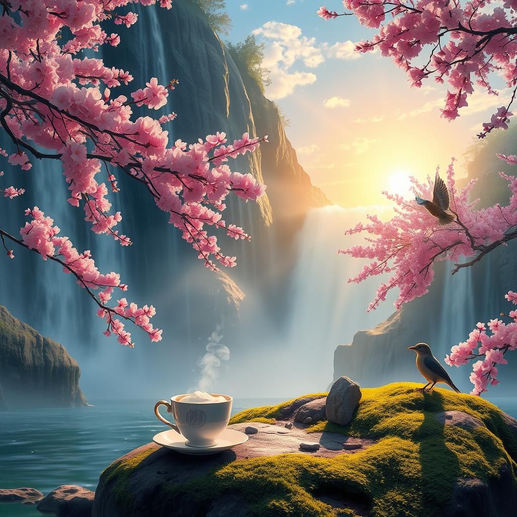 Giant in Cherry Blossom Waterfall: Photorealistic Digital Ar...