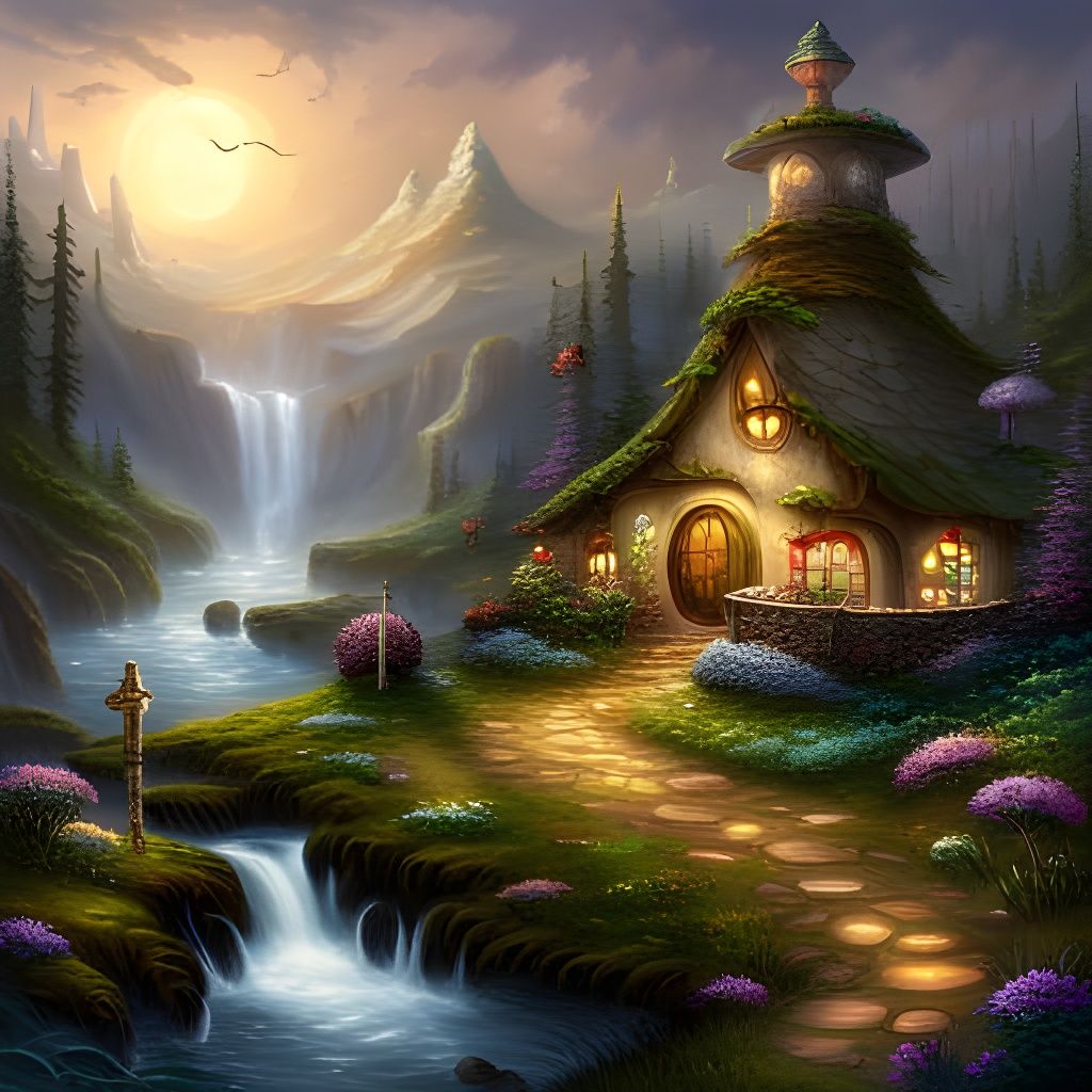 Cute mushroom elf houses ethereal fantasy hyperdetailed mist Thomas