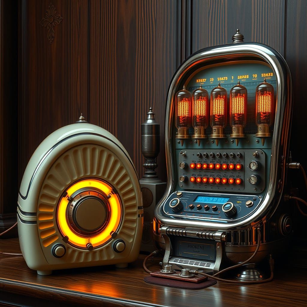 A nostalgic futuristic tableau featuring a assortment of retro-futuristic gadgets.   by @msmaldesigns