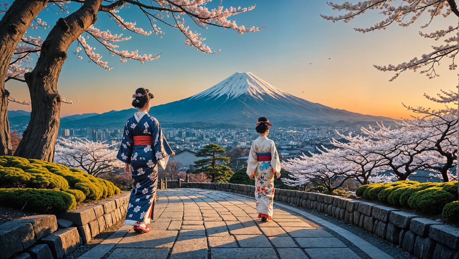 Sunset Serenity: Kimono and Mount Fuji
