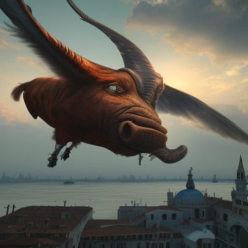 A flying warthog, above the sky of Venice.