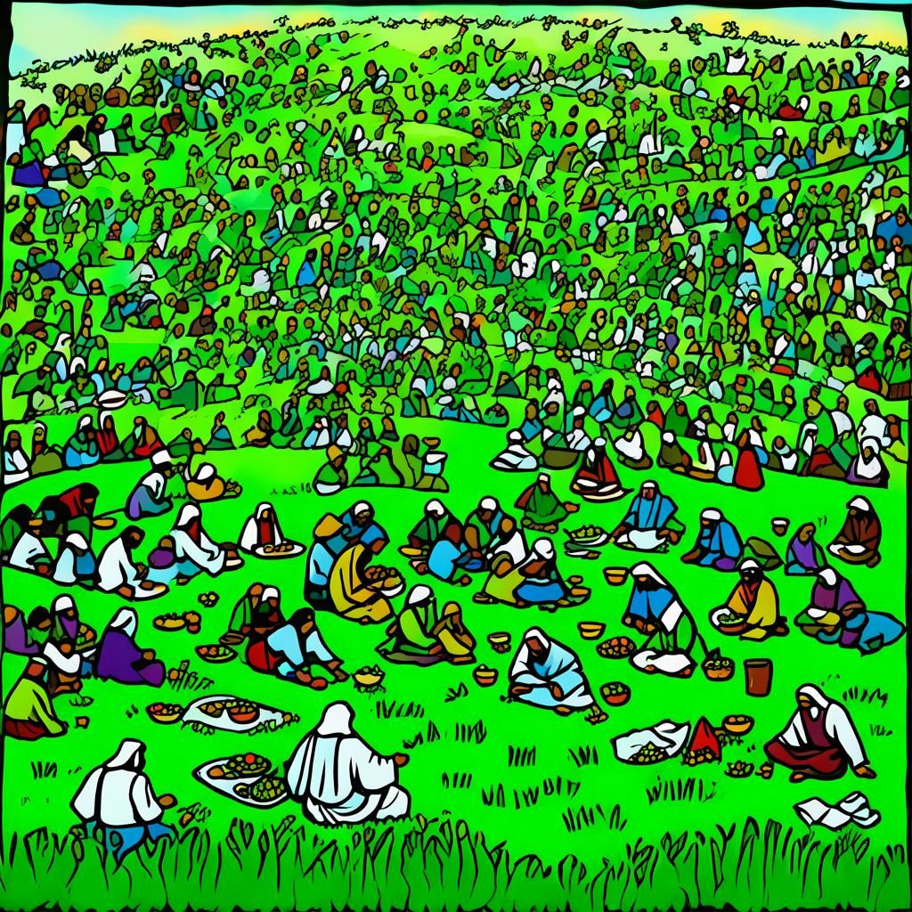 Jesus feeds the 5000, groups sit in the green grass, by the glory of God all eat and are satisfied 