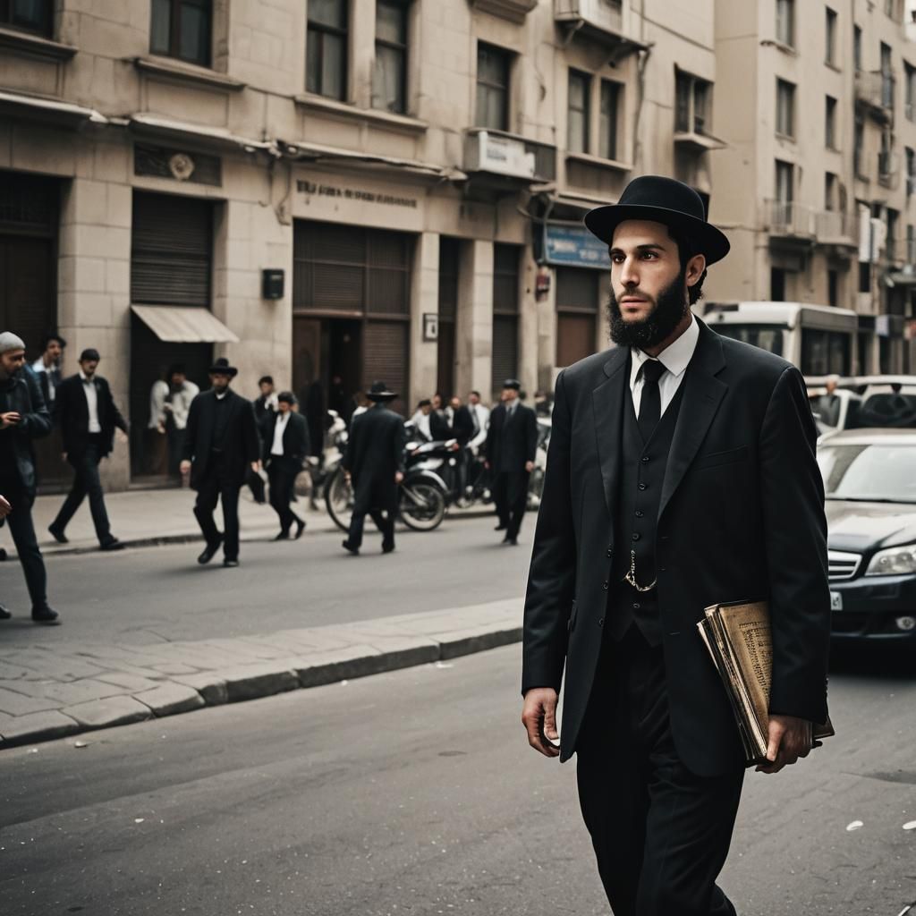 Haredi Man Walks with Siddur: Street Photography