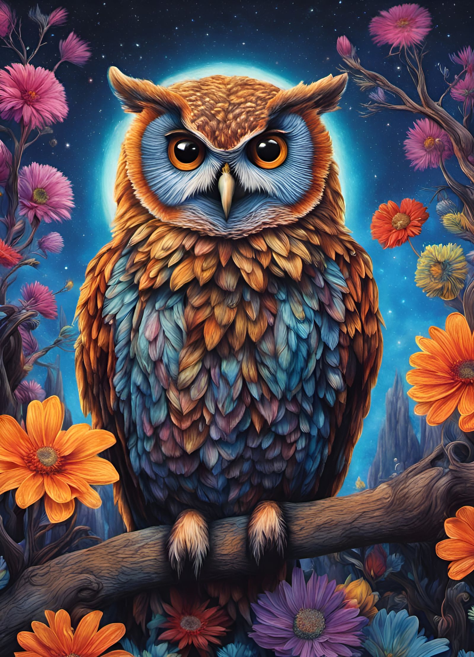 3D, bioluminescent , vibrantly colored and shimmery owl portrait. - AI ...