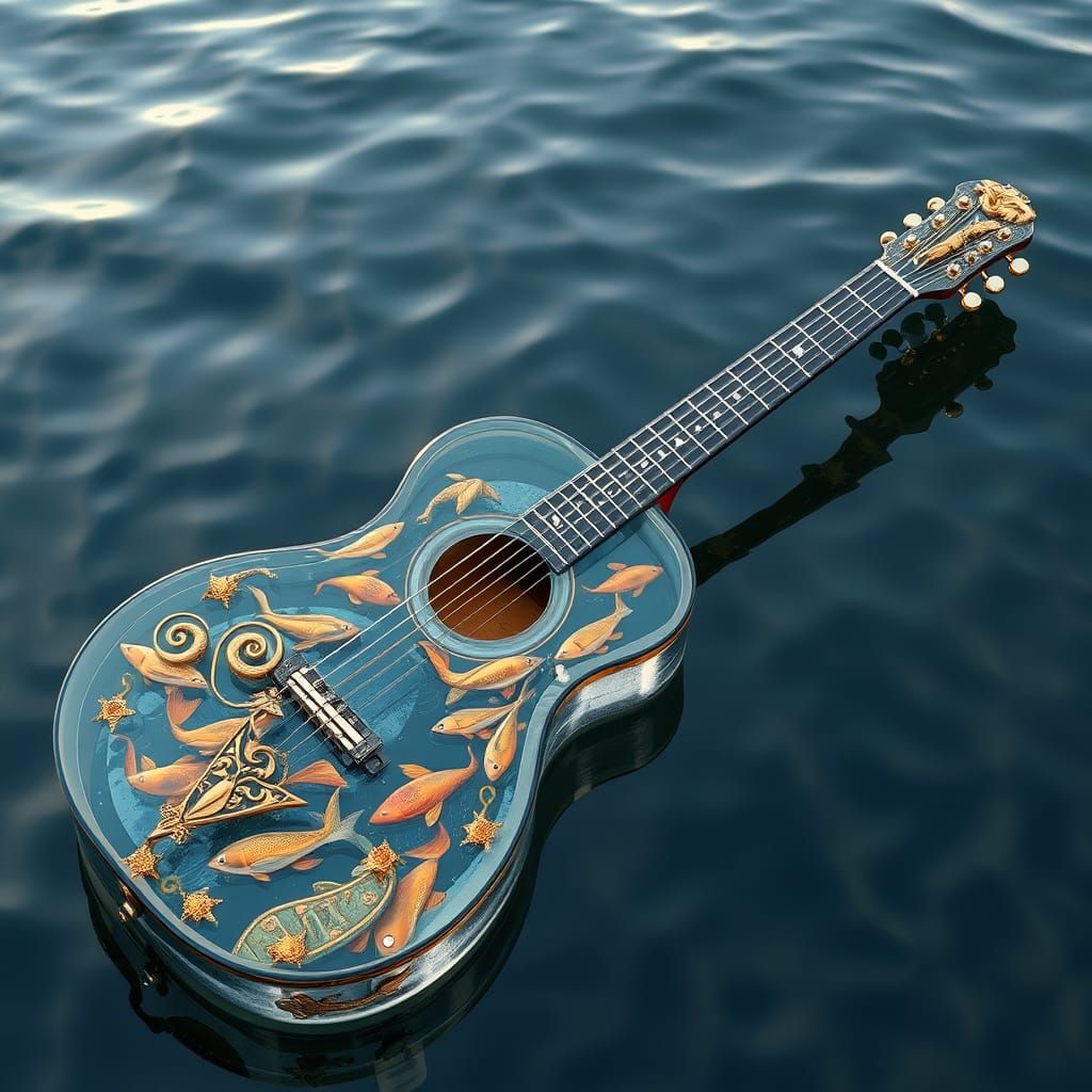 Surreal Floating Guitar Filled with Fish