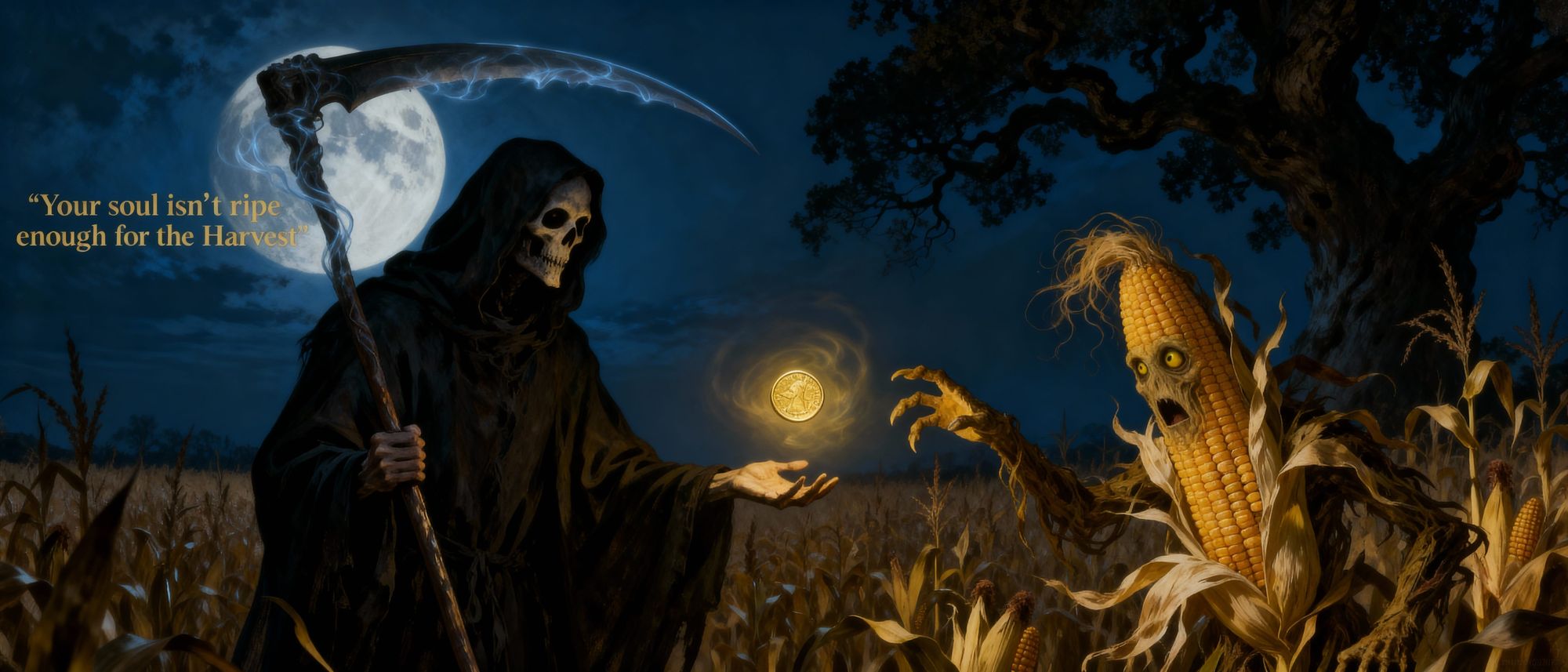 The Grim Reaper calmly-flips a coin to a surprised corn-stalk-monster. The Cornstalk-monster is about to catch the flicked-coin. The Grim Re...