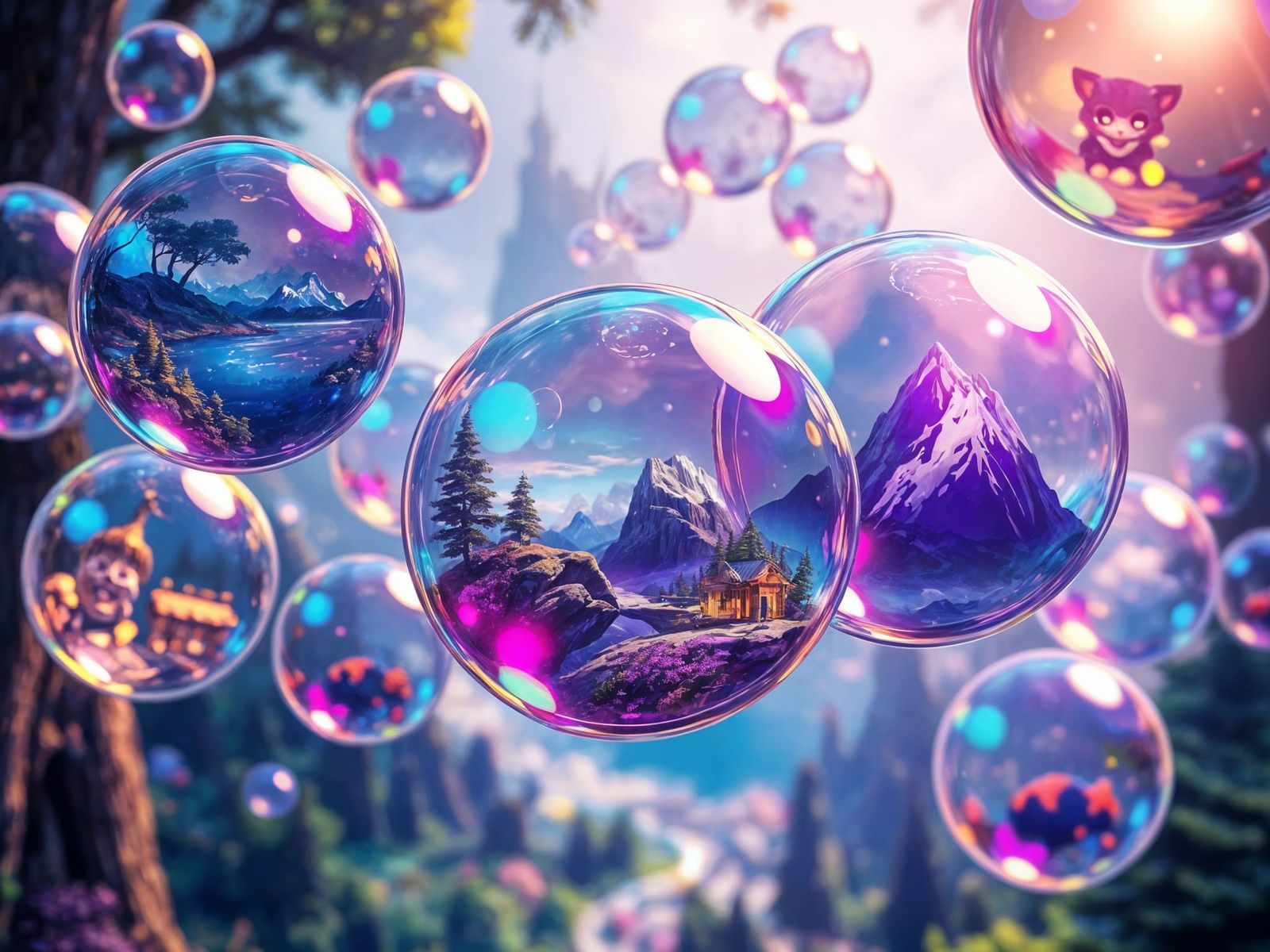 Fantasy Realms in Iridescent Bubbles, Dreamlike Image