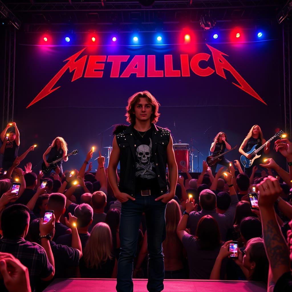 A young man's view of the heavy metal concert from the tenth row floor in the pit, watching the Band Metallica of 1986, Dave Mustane curvy l...