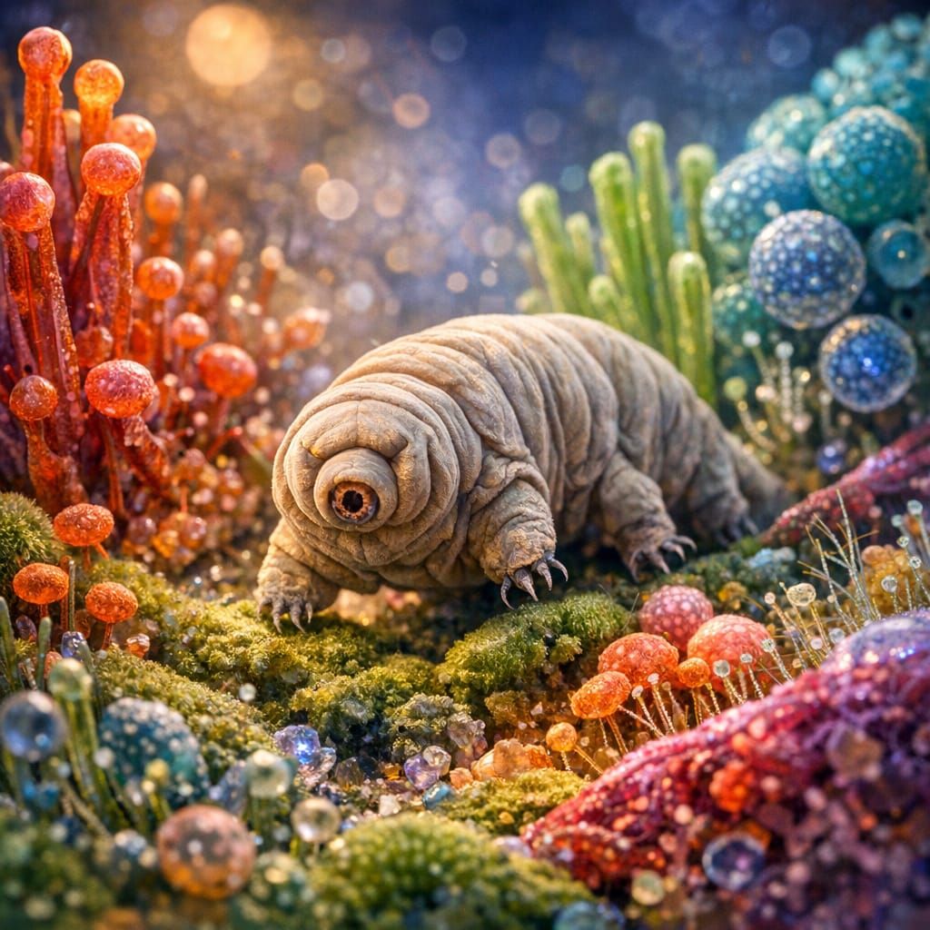 a tardigrade exploring a colorful microscopic world  by @Matt
