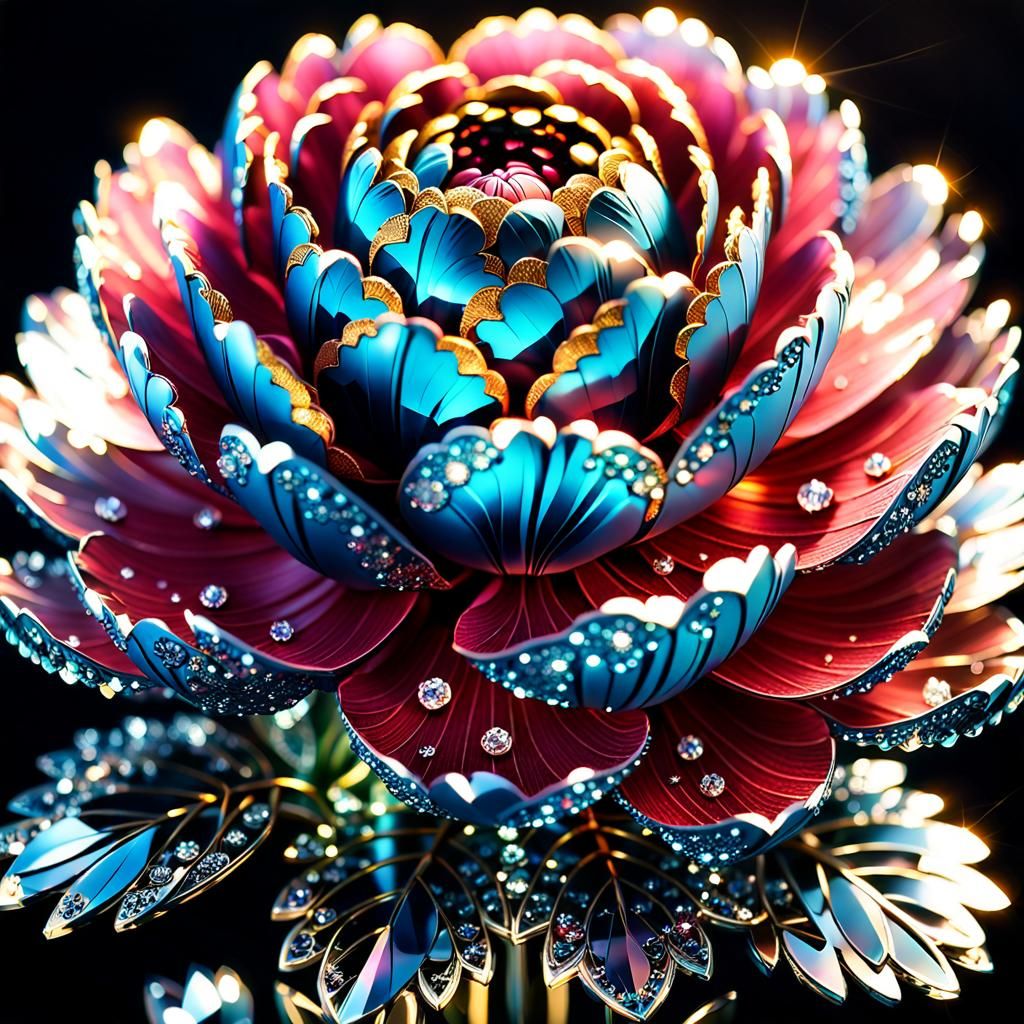 luminescent sparkly shiny intricate crystal peony,intricate motifs ...