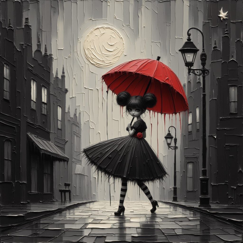 <lora:Moonchild:0.8>surreal and whimsical illustration depicting a young girl in a black-and-white striped outfit. The scene is set on a cob...