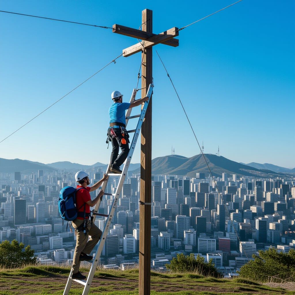 Man Climbs Extremely Tall Ladder
