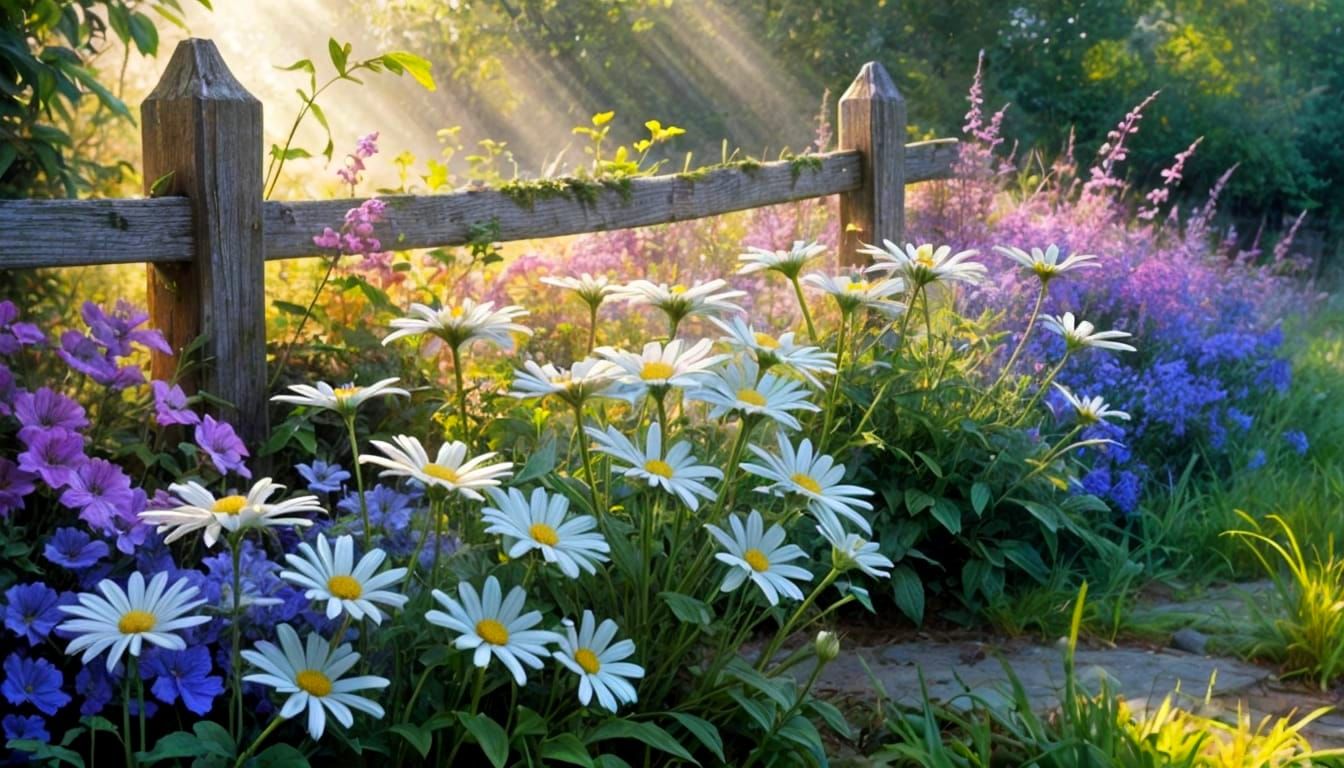 Hyper-detailed watercolor of beautiful dew-covered daisies blooming on mossy ground next to an old wooden ...  by @Hugo Raul