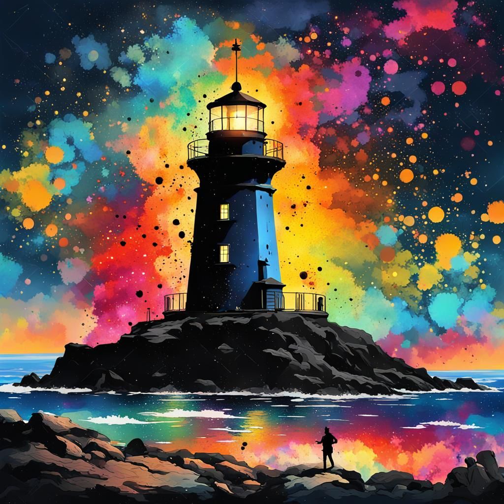 A colorful ink splatter art lighthouse  by @axelb