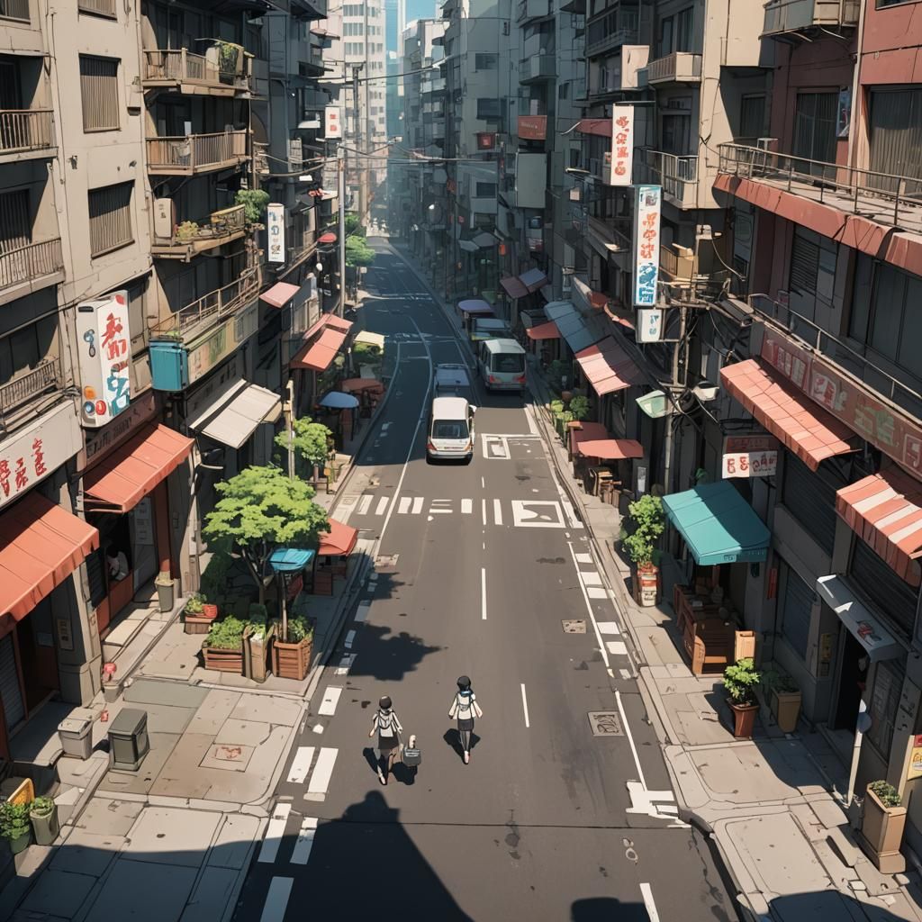 a 2.5D anime scene where the visual style combines elements of both 2D animation and 3D depth. Depict a bustling urban environment with laye...