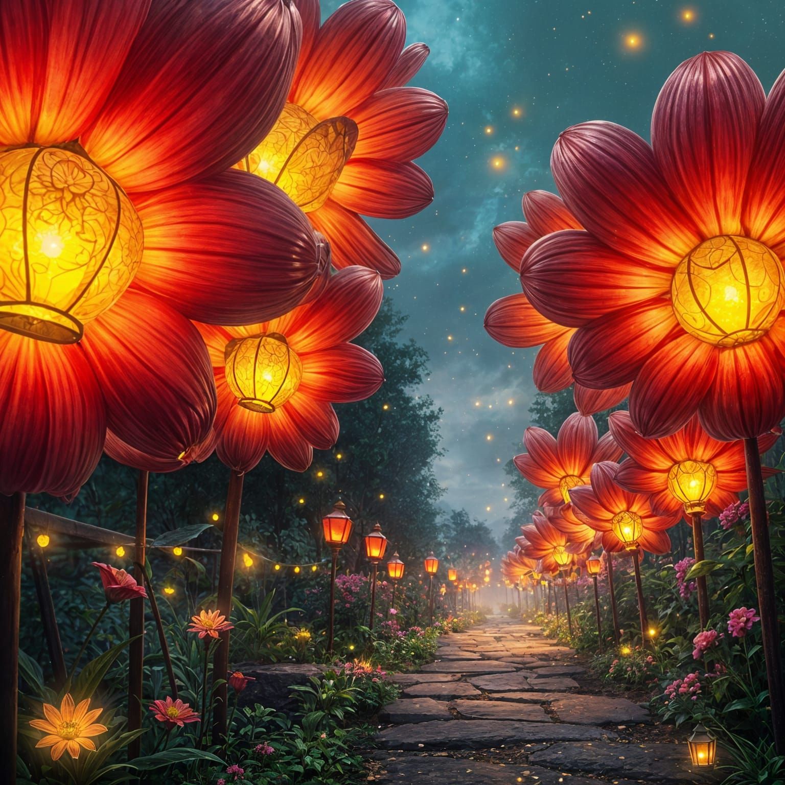 A garden where giant flowers bloom with lantern-like petals, casting a warm light on the pathway below, ...  by @Likra