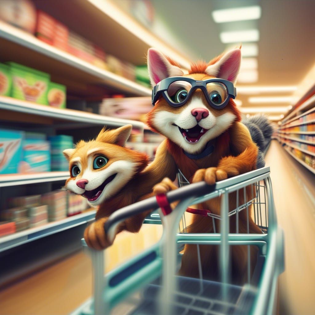 Furries racing in shopping karts in a supermarket