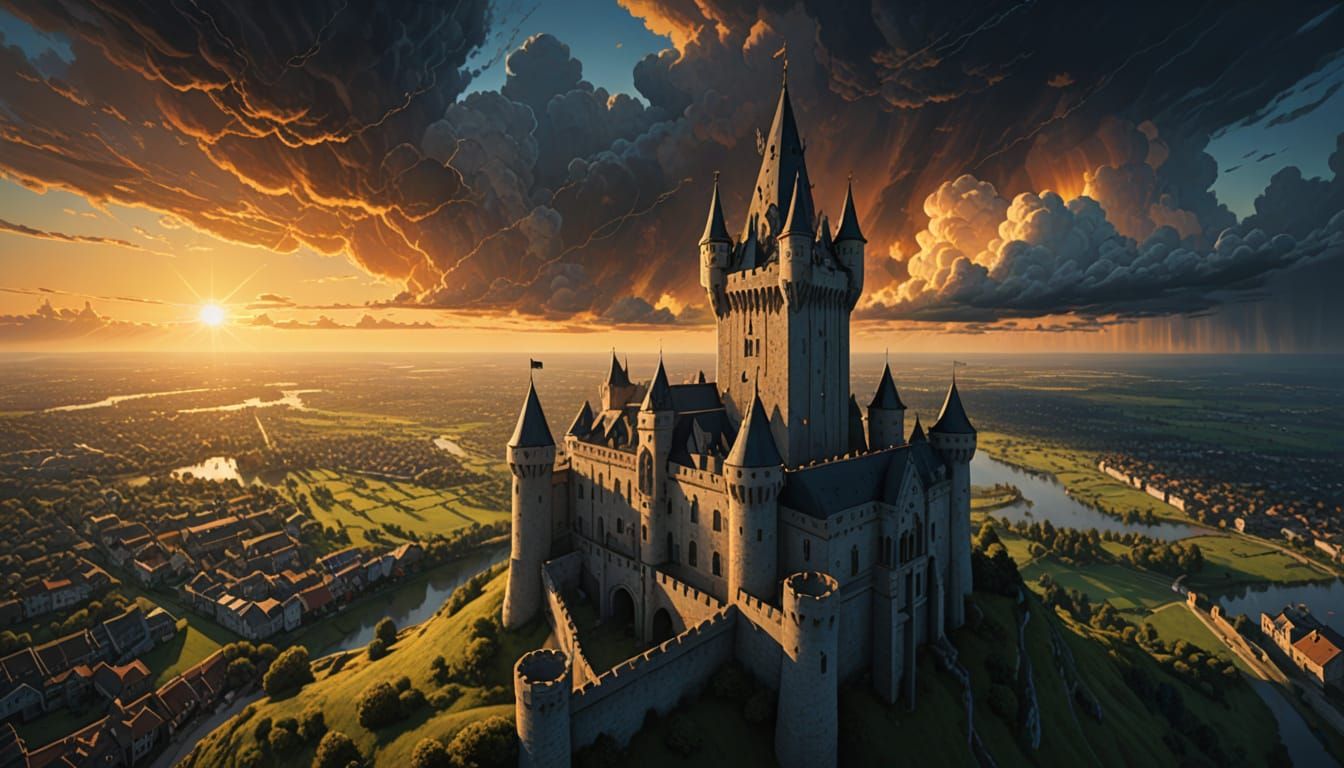 A hooded assassin standing on top of a medieval castle tower, overlooking a vast medieval city at dusk. The city below has cobblestone stree...