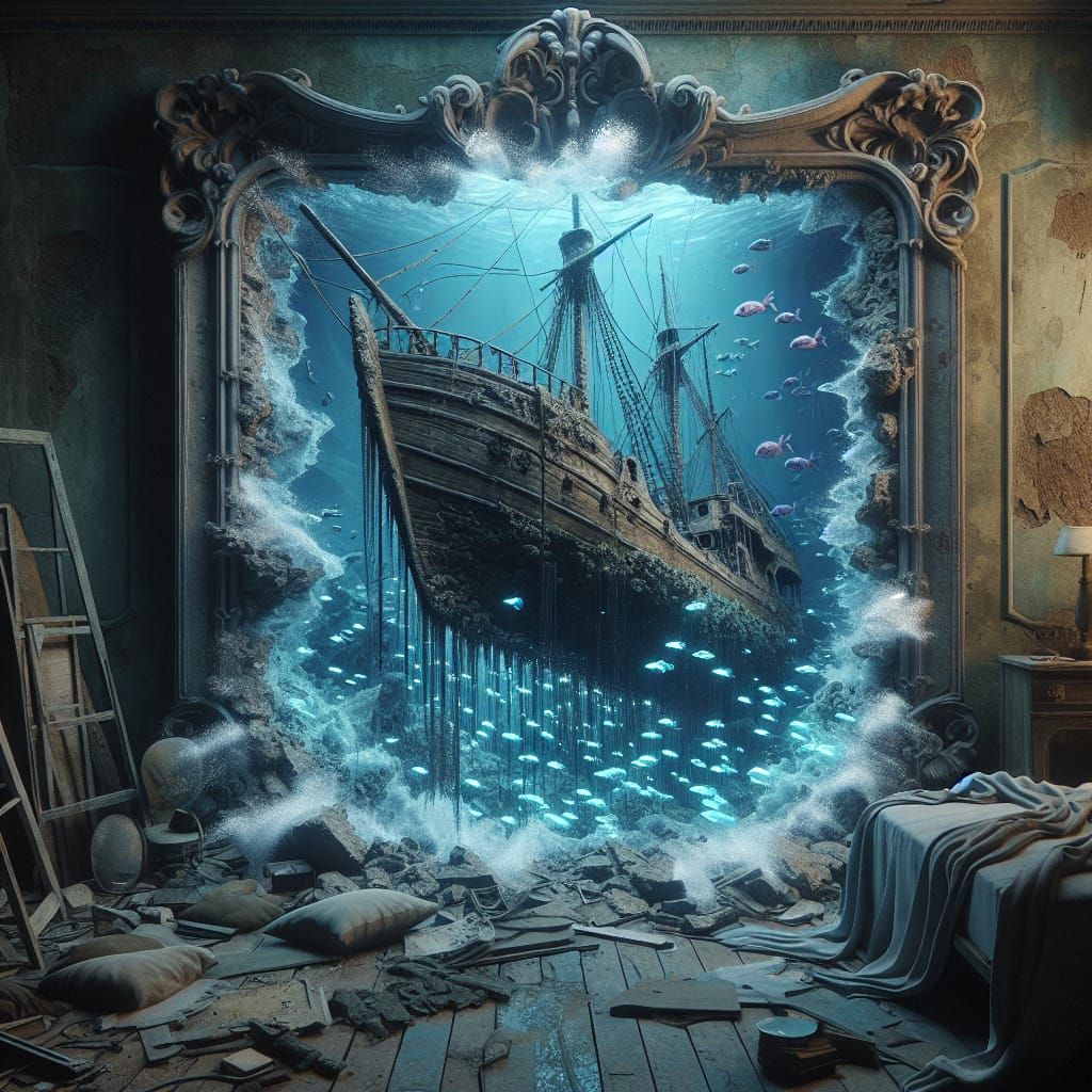 Underwater shipwreck bursting through a bedroom mirror  by @Patrick Francart