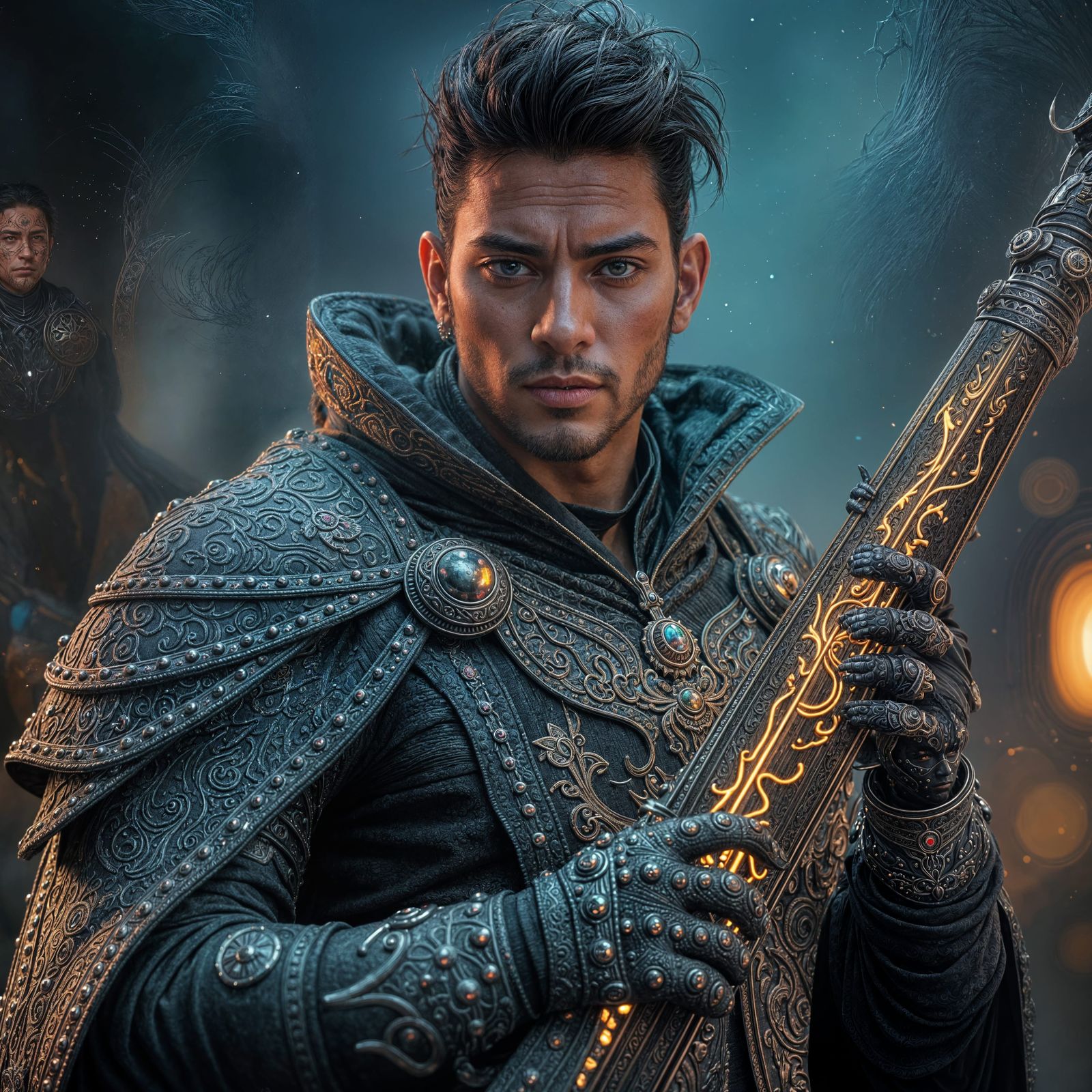 Dramatic Fantasy Warrior in Elaborate Armor and Glowing Inst...