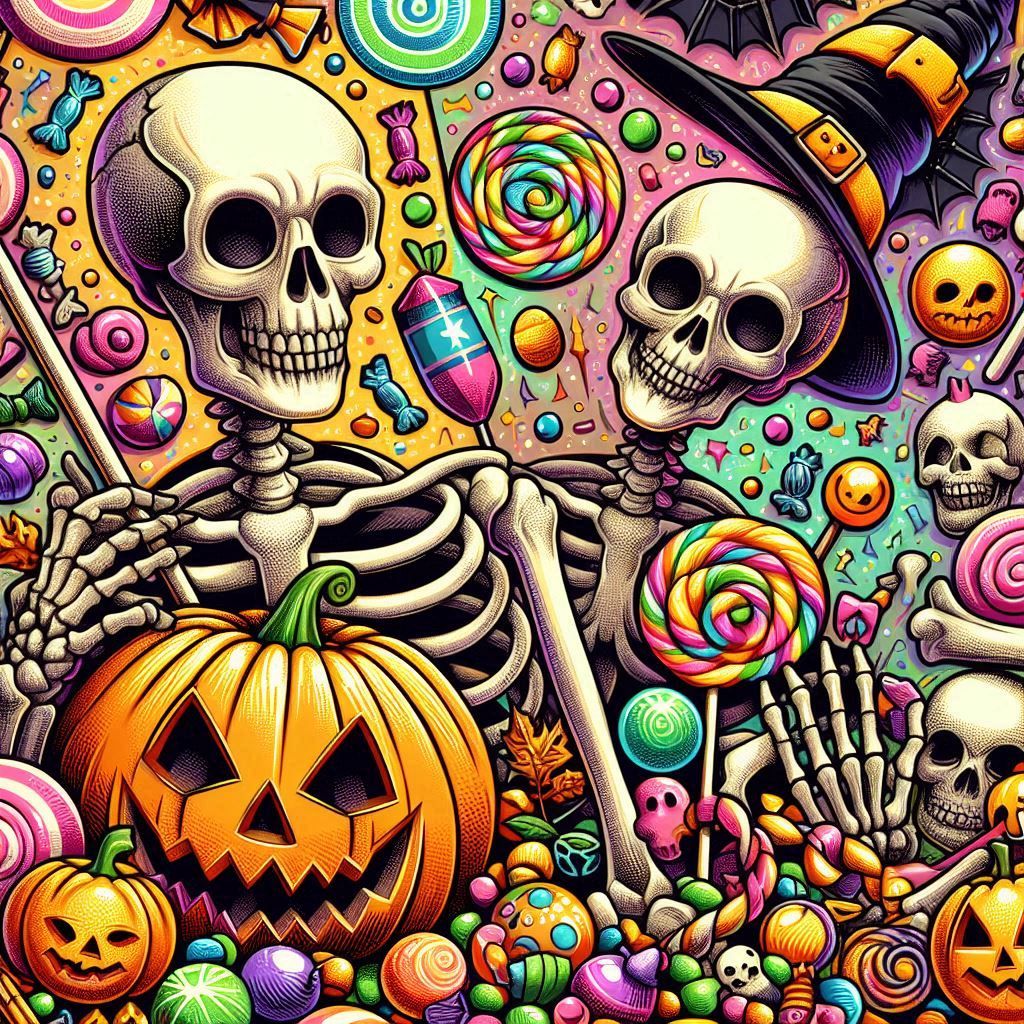 Esqueletos y calaveras día de los Muertos, caramelos, calaba...