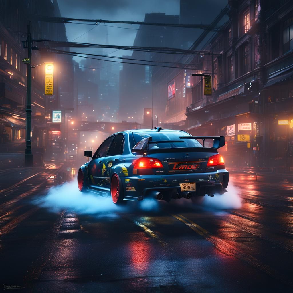 Lancer evo custom fog  night drifting  Portland downtown tan...