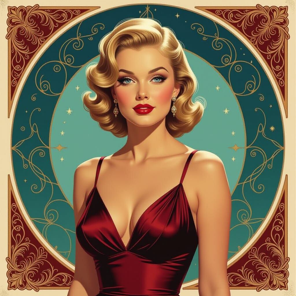 1950s Pin-Up Woman in Cosmic Astral Illustration