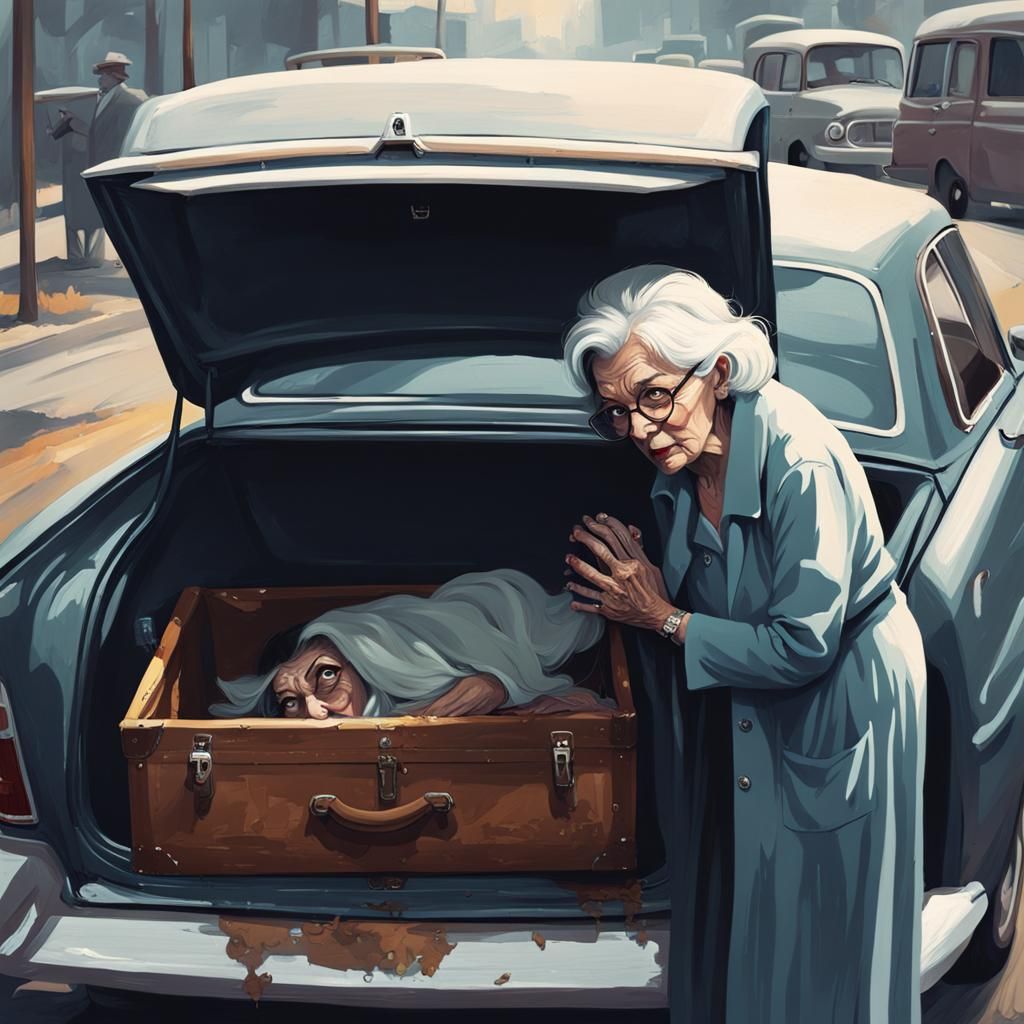 An adorable, innocent old lady hiding a dead body in the tru...