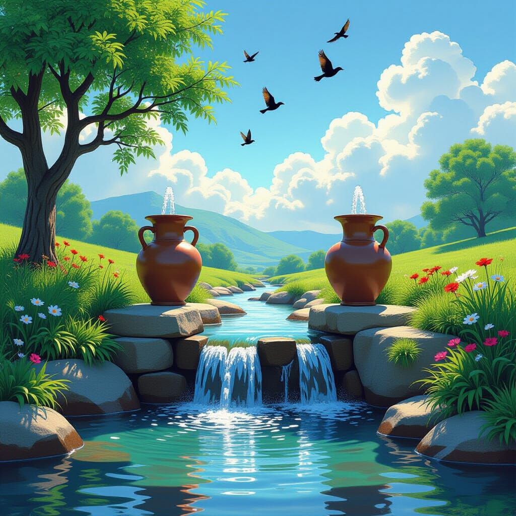 Tranquil Stream with Ceramic Urns in Hyperrealistic Digital ...
