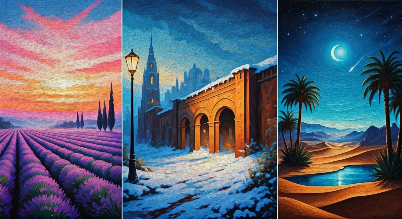 Surreal Oil Painting Triptych: Convergence of Time and Space