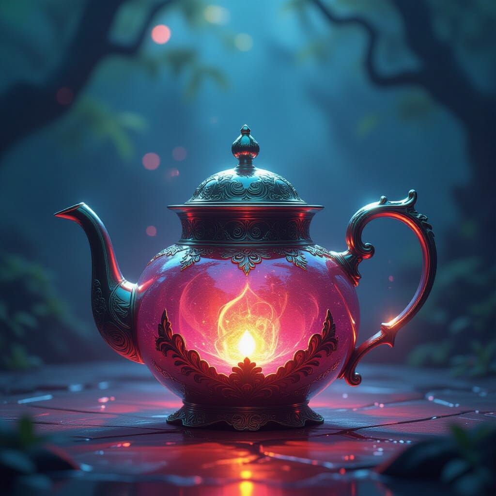 Magical Teapot Gemstone Transforms in Fantasy Realm