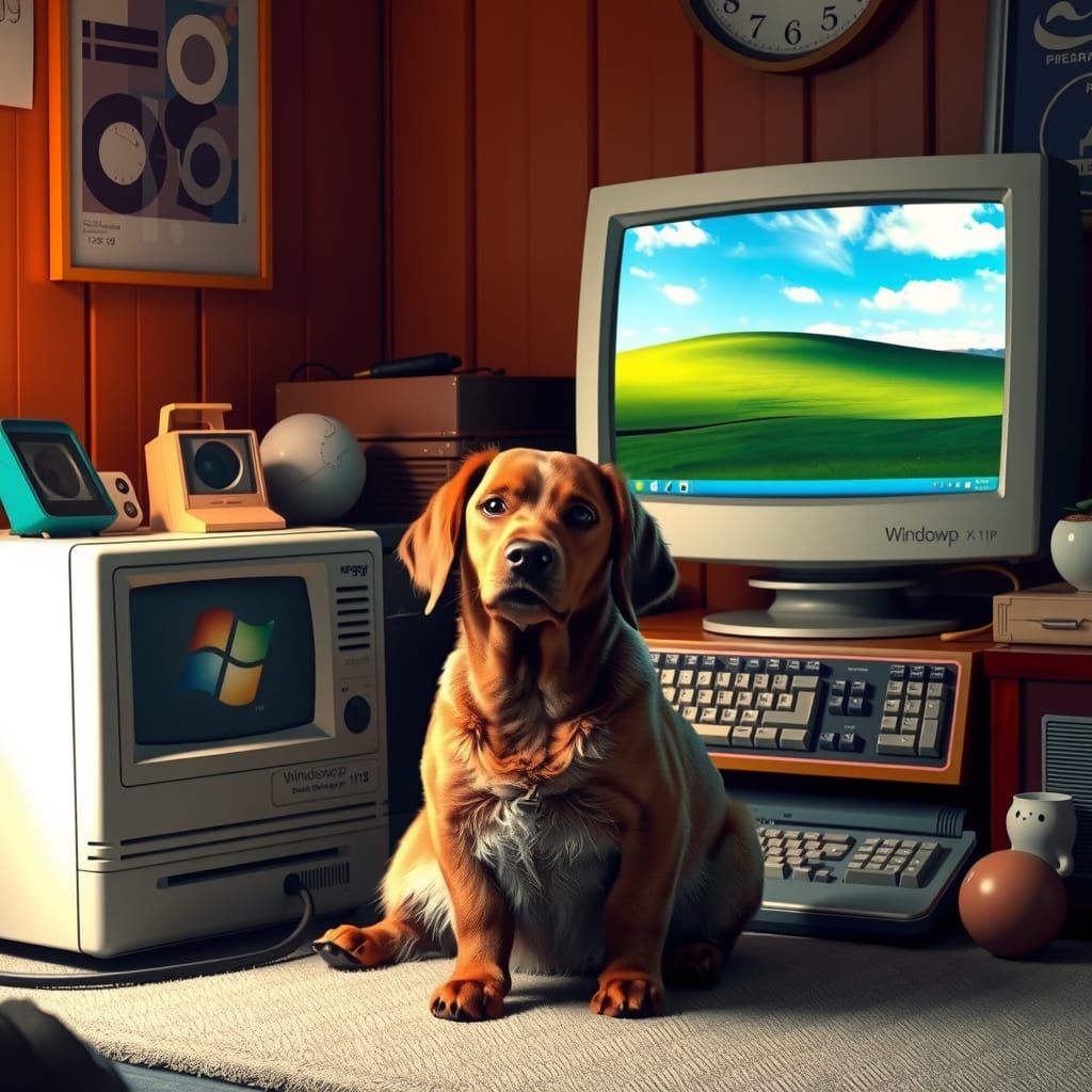 Rover the dog, with late 90s computers and Windows XP wallpaper background on screen