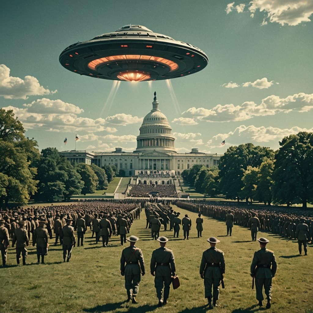 1950s style circular UFO landing at Washington DC surrounded...