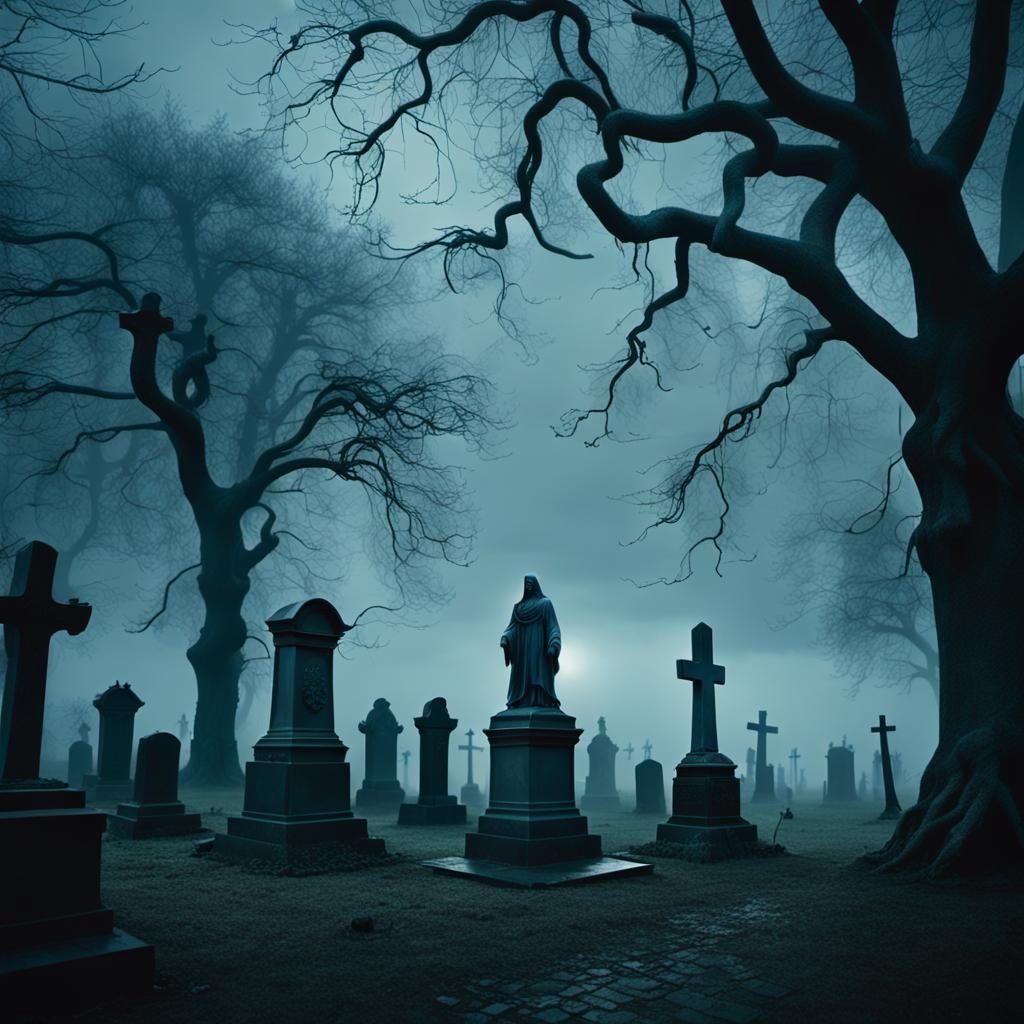 A scene depicting an eerie graveyard with gothic statues and...