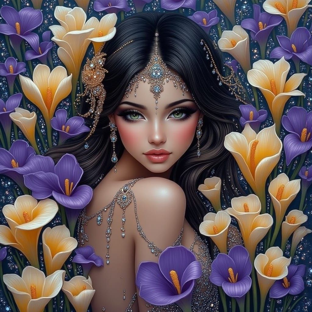 <lora:ALL THAT GLITTER:1.0> a portrait of a beautiful woman surrounded by purple and yellow crocuses, glittery, shiny, glowing, sparkling, c...