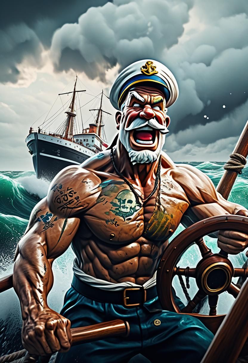 popeye the sailor man holding fast to the helm of a ship in rough seas ...