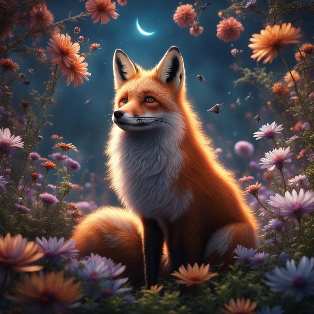 a realistic fox looking up into the sky which is half cosmos and half ...