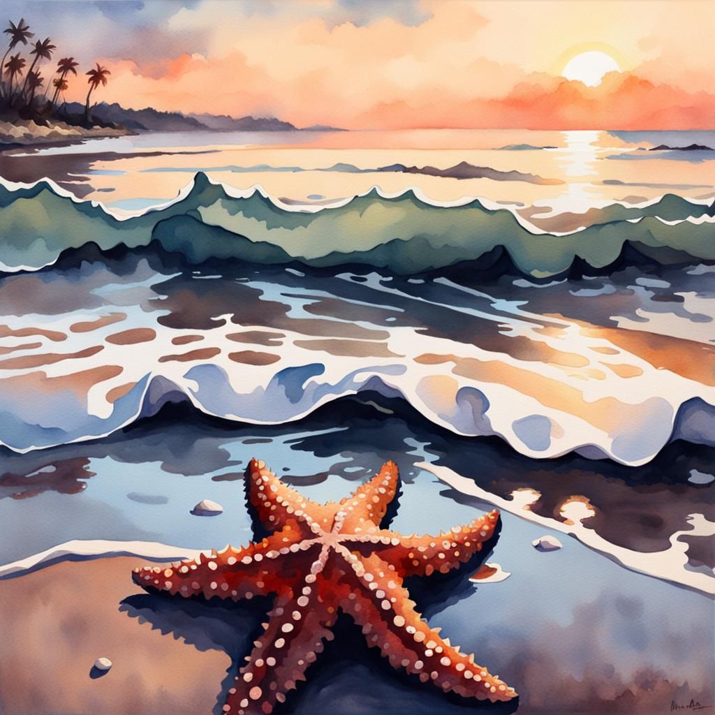 Starfish on Beach as Watercolor Painting