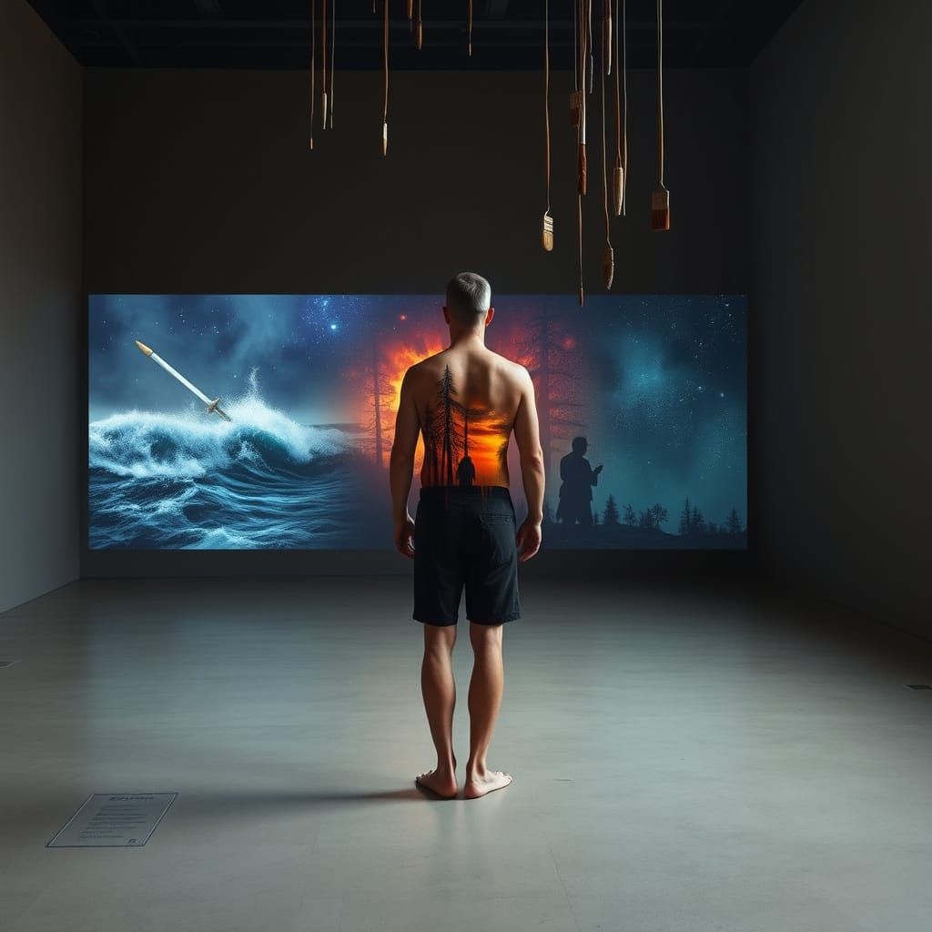 Man in Gallery with Projected Realities